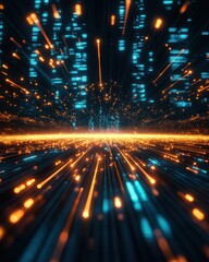 Fototapete - Abstract digital art representation of data analytics and technology with glowing blue and orange lines creating a futuristic feel.