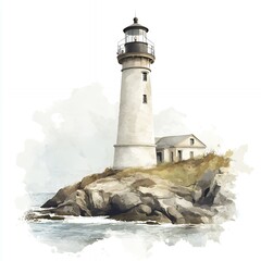 Canvas Print - A serene lighthouse standing on a rocky shore, surrounded by water and gentle waves.