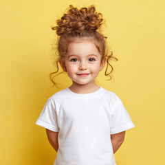 design mockup toddler girl wearing plain blank white tshirt on a yellow background, studio portrait