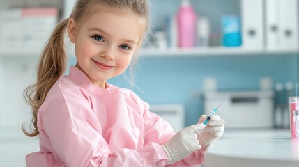 A cheerful child dressed in pink medical attire holding a syringe, embodying a playful spirit of healthcare and professionalism.