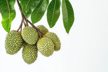 Wall Mural - A cluster of green durians hanging from a branch with leaves.