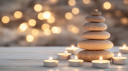 Wall Mural - A peaceful arrangement of smooth round stones is balanced atop one another, with small candles placed around them, inviting tranquility on a bright white wooden table