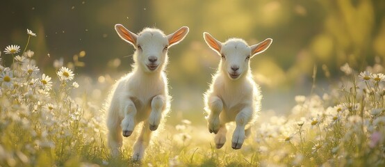 Two Adorable Baby Goats Running Through a Field of Daisies