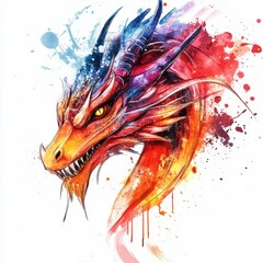 Wall Mural - Detailed watercolor illustration of a colorful rainbow dragon head. Painted on a white background in a realistic style with colorful watercolors.