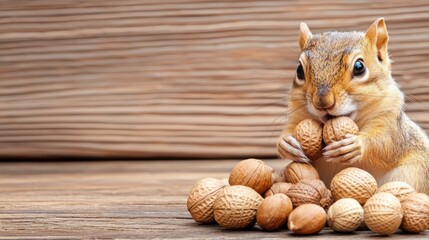 A playful squirrel surrounded by nuts, enjoying its feast in a rustic wooden setting, showcasing nature's beauty.