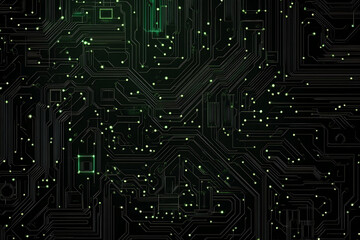  Abstract representation of a circuit board with glowing neon lines and geometric patterns against a dark background. The image evokes a high-tech, futuristic feel with ample copy space