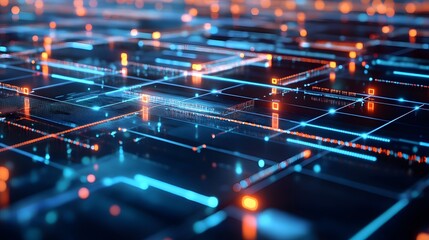 Blockchain and AI data network visualized as interconnected nodes on a digital grid