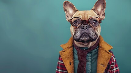 A stylish dog wearing glasses and a fashionable outfit against a colorful background.