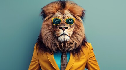 Sticker - A lion wearing sunglasses and a suit poses confidently against a blue background.