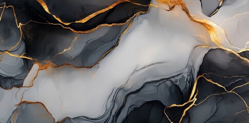 The painting depicts swirling patterns of ink in black, gold, and white