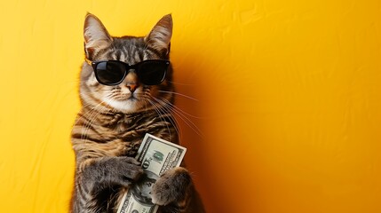 Canvas Print - A cool cat wearing sunglasses holds cash against a vibrant yellow background.