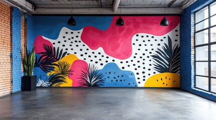 Poster - A colorful mural featuring bold shapes and tropical designs adorns the wall of a spacious studio with sleek flooring and ample natural light