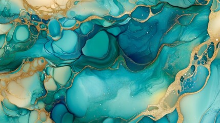 Wall Mural - Abstract painting depicted in teal, gold, and grey colors. The picture appears to have been created using alcohol ink.