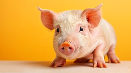 Sticker - A cute piglet with a playful expression against a bright yellow background.