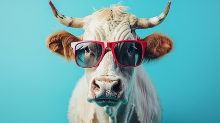 Canvas Print - A cow wearing red sunglasses against a blue background, creating a playful and humorous visual.