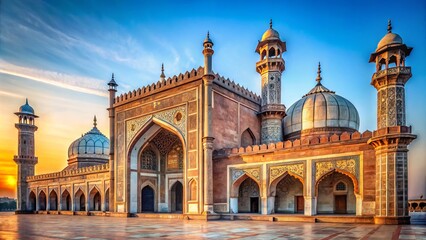 Intricate stone carvings adorn the facade of a historic mosque in India, with arched doorways, domes, and minarets set against a vibrant blue morning sky.