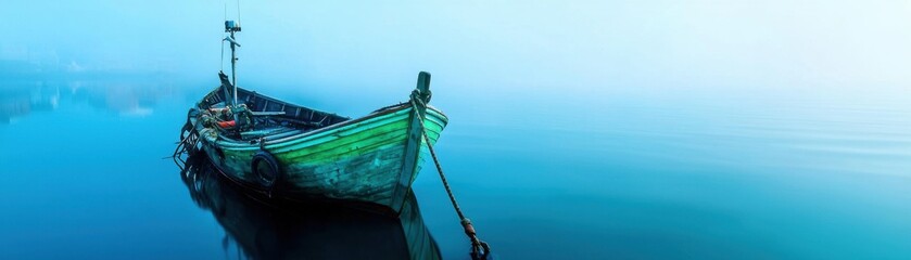 Solitude in Blue: An old wooden boat rests on tranquil waters, shrouded in ethereal morning mist, evoking a sense of peace, mystery, and the serene beauty of nature. 