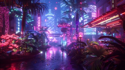 Canvas Print - Cyberpunk Cityscape with Neon Lights and Palm Trees.