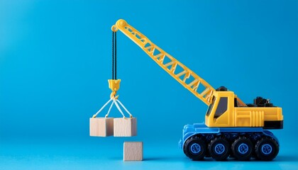 Toy crane isolated on blue background, Construction crane blocks, Generative AI