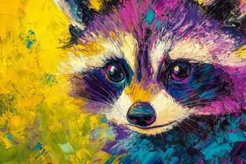 A multicolored oil painting of a raccoon in abstract form. Closeup of a painting with oil and palette knife.