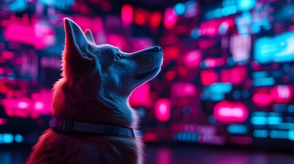 Wall Mural - analytical dog data scientist scrutinizing statistical visualizations in a cyberpunk inspired digita
