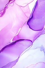 Wall Mural - This close-up shot shows fluid movement and swirling patterns of ink in an abstract painting in shades of purple and lavender