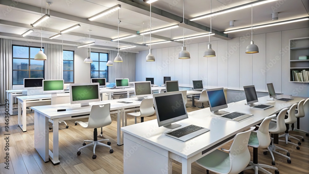 Modern classroom filled with computers and tablets, sleek white desks ...