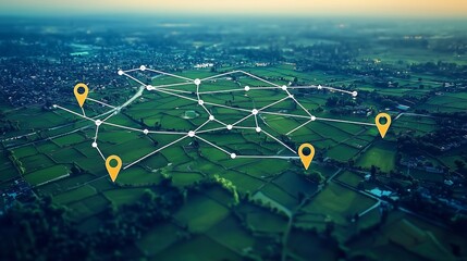 Aerial view of land with network markers representing land development planning and connectivity.