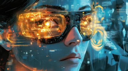 Wall Mural - Woman in futuristic glasses looking through digital interface