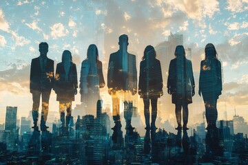 People standing in city skyline double exposure created with Generative AI