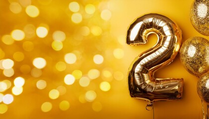 Banner with number 2 golden balloons with copy space. Two years anniversary celebration concept on a yellow background with shiny bokeh.
