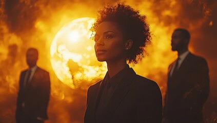 Silhouettes of business people standing in front of a globe