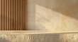 © Caterpillar - Concrete tabletop on wooden wall panels background for product presentation. Empty countertop with vertical slats. Aesthetic podium mockup in modern studio interior.