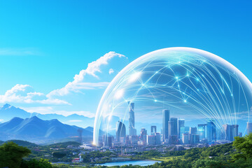 Wall Mural - A massive white dome made of glowing lines floats above the city, connected to mountains and forests in the summer, with digital connections inside the sphere. A town with buildings is visible below, 