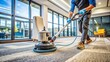 © Man888 - Professional-grade cleaning equipment and solutions are used to deeply sanitize and restore a dirty, high-traffic commercial carpet to its original vibrant state of cleanliness.