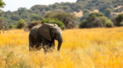 Wall Mural - A baby elephant is walking through a field of tall grass