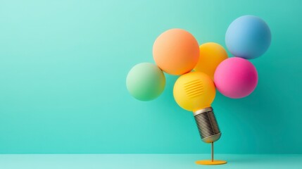 Wall Mural - A whimsical light bulb supported by colorful balloons against a pastel background.