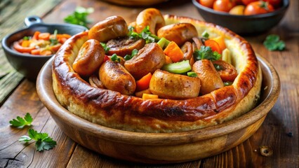 Wall Mural - Savory sausage links peek out from a bed of crispy Yorkshire pudding, surrounded by roasted vegetables, in a traditional British-inspired comfort food dish.