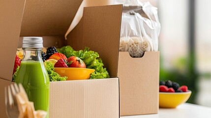 A paper bag is filled with food alongside two boxes of fresh meals, a green smoothie, and a bowl of assorted fruits in a casual restaurant setting