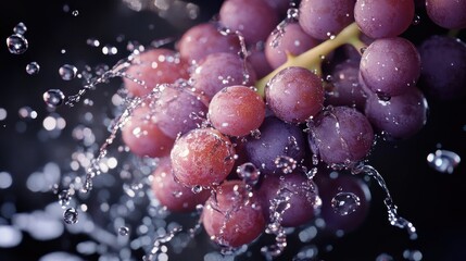 Close-Up of Red Grapes with Water Droplets and Splashes