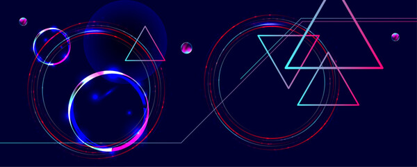 Wall Mural - Dark retro futuristic cyberpunk elements abstraction background cosmos synthwave vaporwave retrowave glitch circle with blue and pink glows