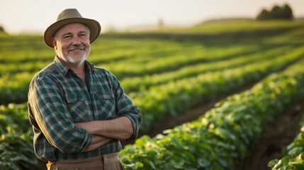 Confident mature farmer in agricultural field.