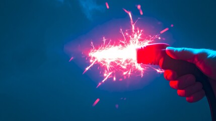 Canvas Print - A hand holds a tool emitting bright red sparks against a dark background. This captivating image showcases energy and action. Its great for tech and design projects. AI