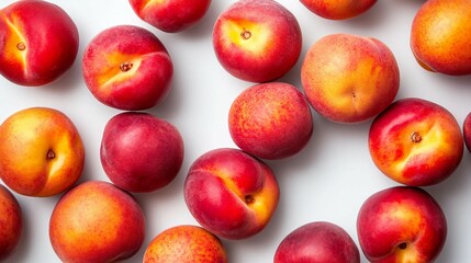 Wall Mural - Ripe Juicy Peaches on White Wooden Background - Top View Flat Lay with Copy Space for Text