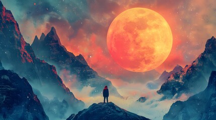 Poster - Silhouette of a Man Standing on a Mountain Peak under a Giant Orange Moon.