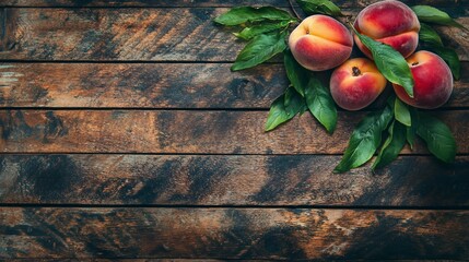 Wall Mural - Ripe Juicy Peaches on Wooden White Background - Top View with Copy Space for Text, Flat Lay Composition