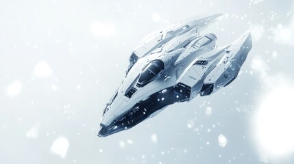 Futuristic Spaceship Soaring Through a Snowy Nebula