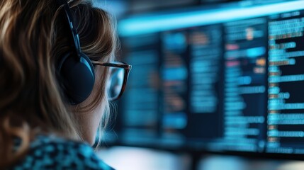 A woman wearing a headset and glasses is working on a computer with multiple screens displaying code, representing technology, programming, and concentration.