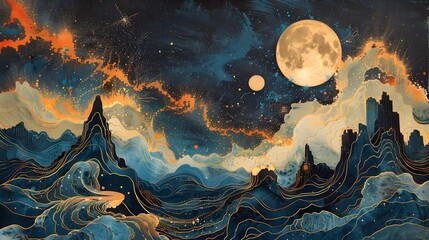 Canvas Print - Abstract Mountain Landscape with Moon and Stars.