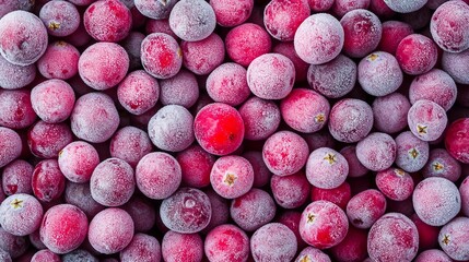 Vibrant Frozen Cranberry Pattern in Square Flat Lay Composition - Top View of Colorful Fresh Berries